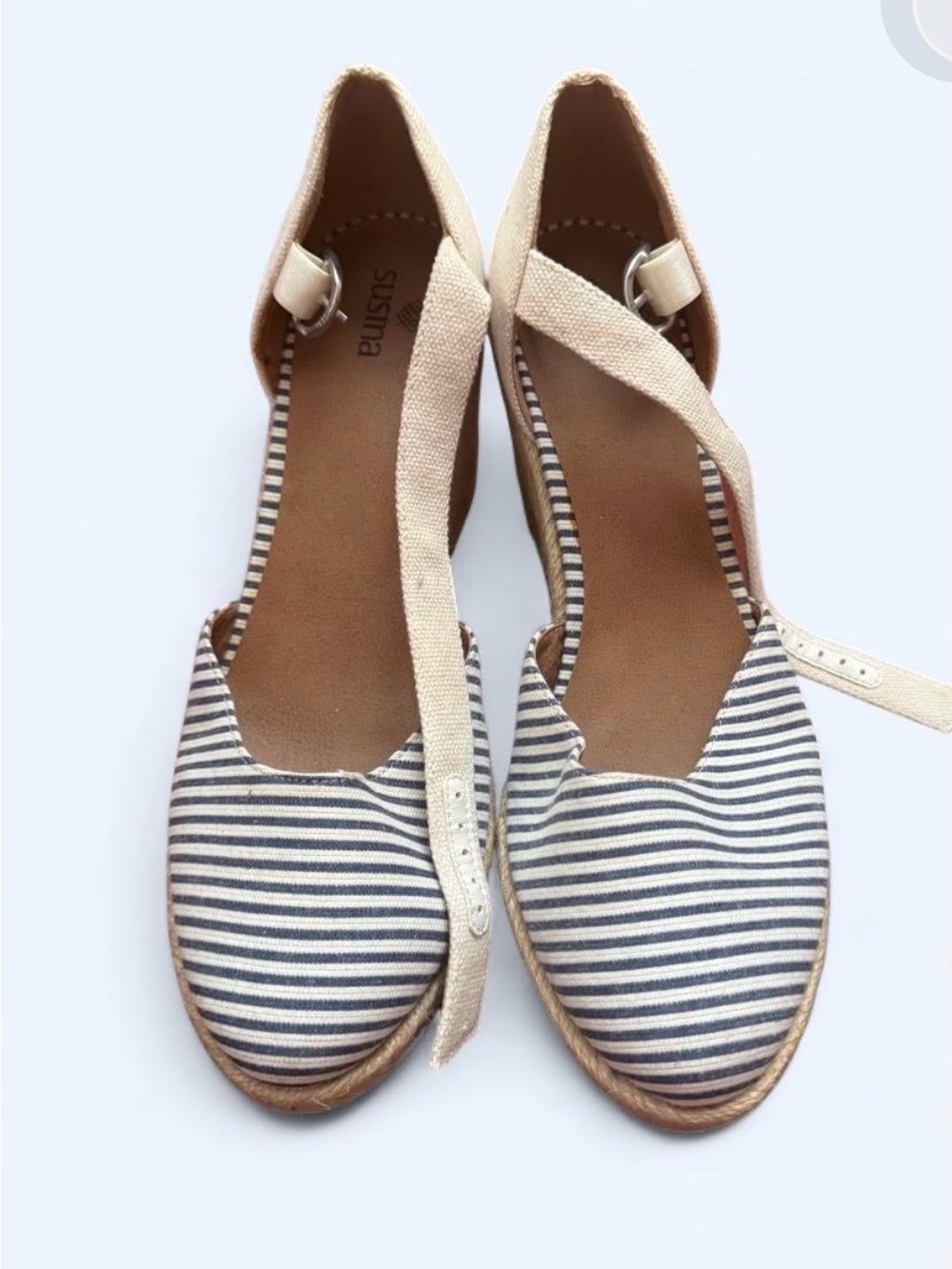 Susina Navy/white Striped Espadrille Wedges sz 7.5